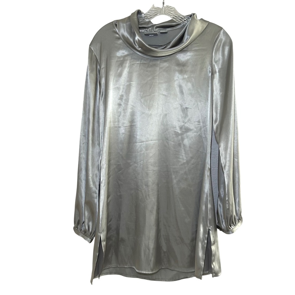 Chicos Size 0 (Small) Silver Cowl Neck Long Sleeve Mini Dress Party holiday nye